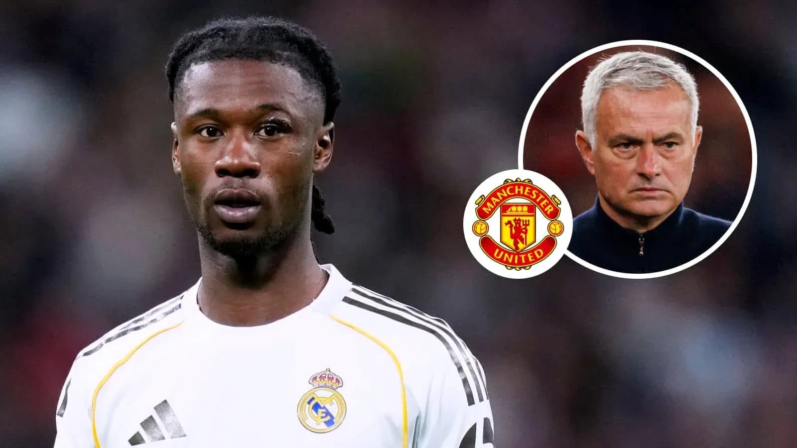 Futbolchi Real Madrid formasida, Manchester United logotipi
