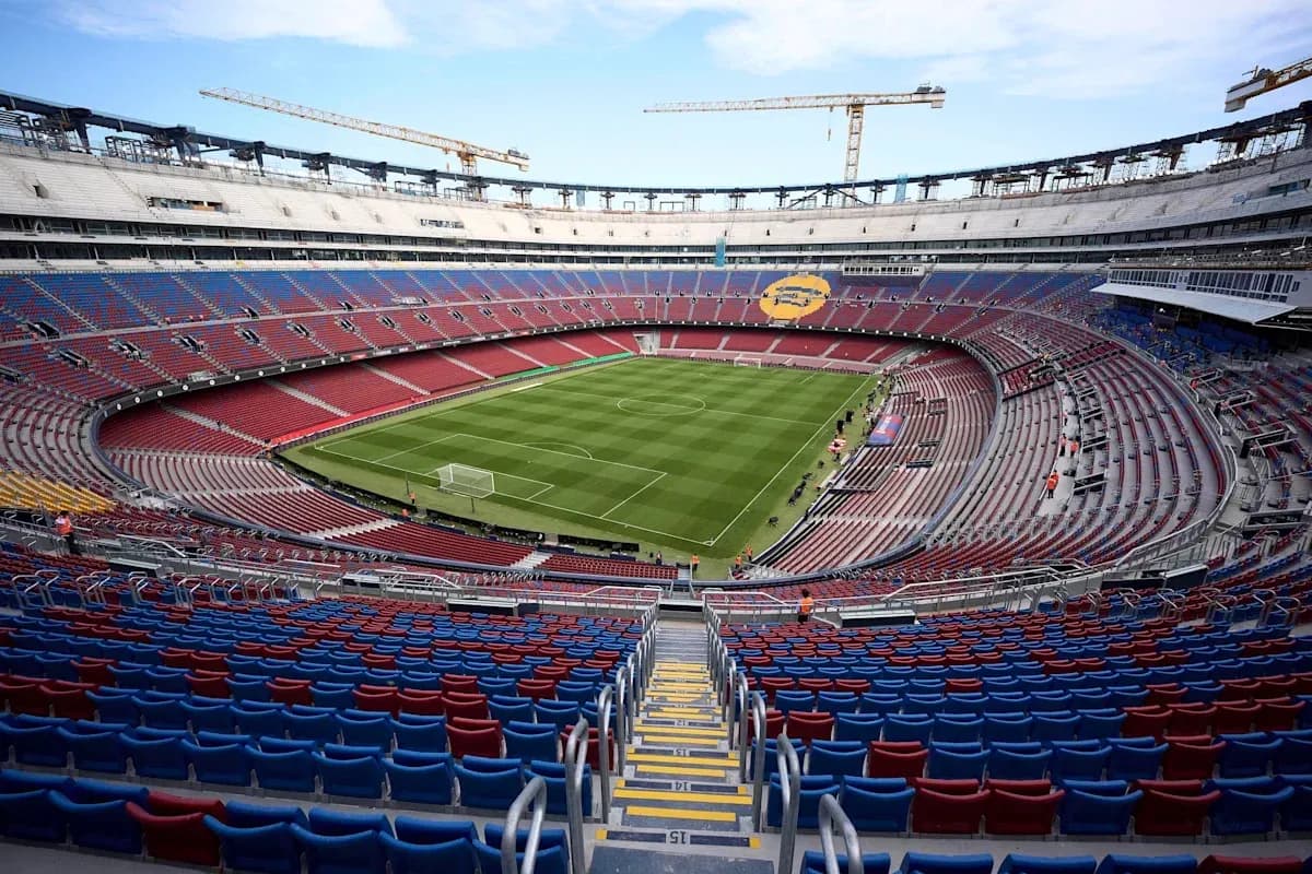 Camp Nou stadium with empty stands and pitch