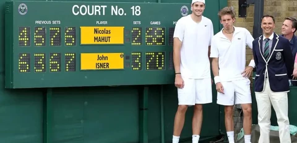 Players posing beside scoreboard at Wimbledon Court 18
