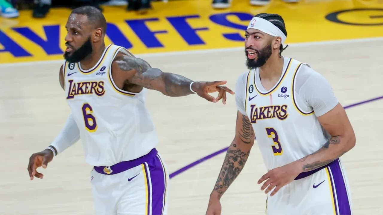 LeBron James and Anthony Davis celebrating on court