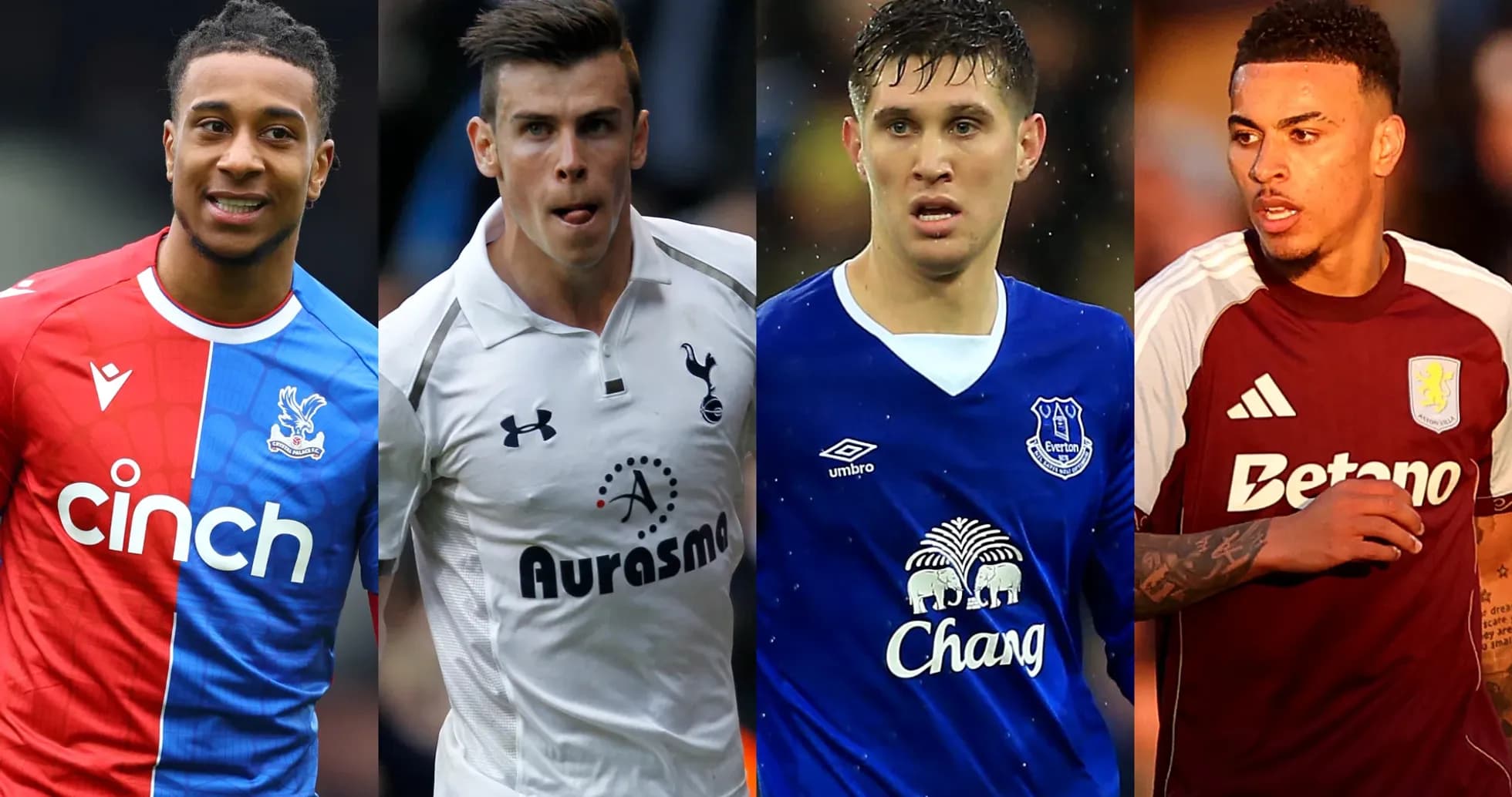 Four football players in their respective team jerseys