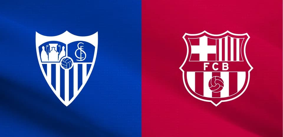 Sevilla and Barcelona club logos on colored backgrounds
