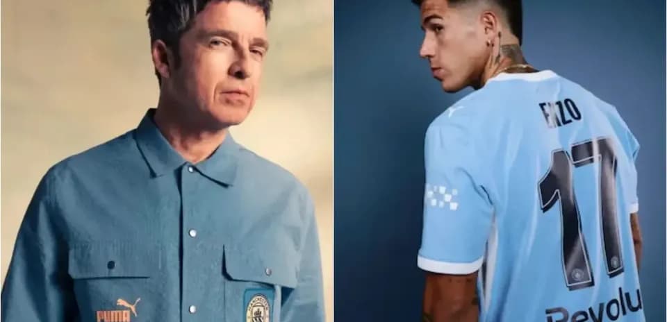 Noel Gallagher and football player in Manchester City kits