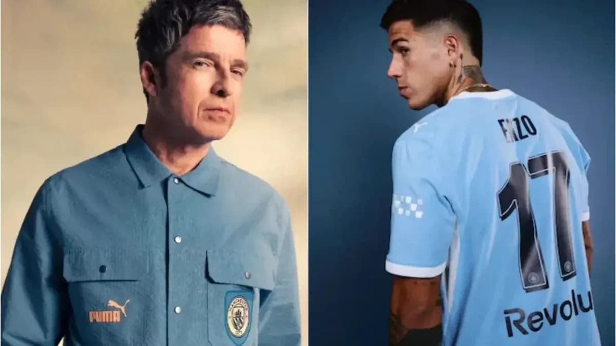 Noel Gallagher and football player in Manchester City kits