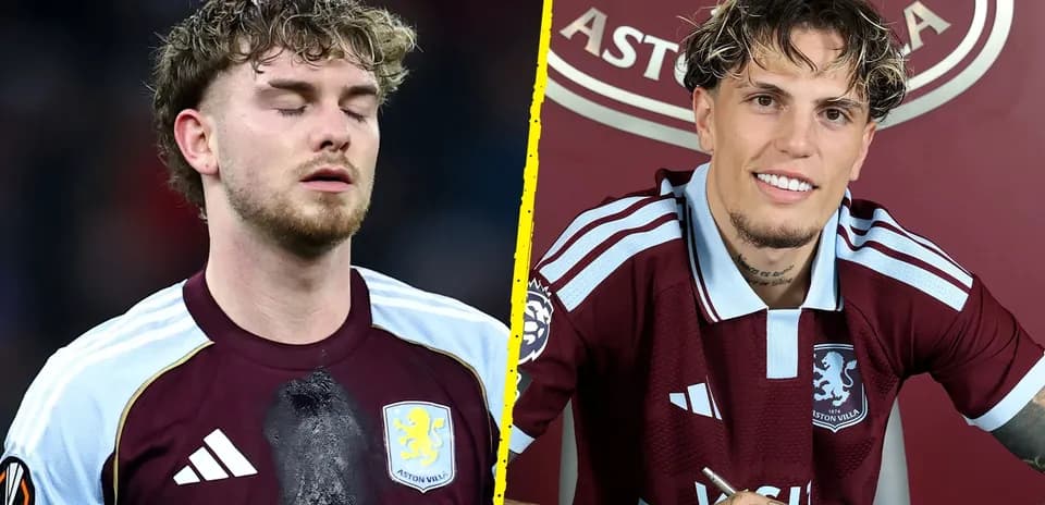 Futbolchi Aston Villa formasida, bir tomonda o'yin, boshqa tomonda imzo
