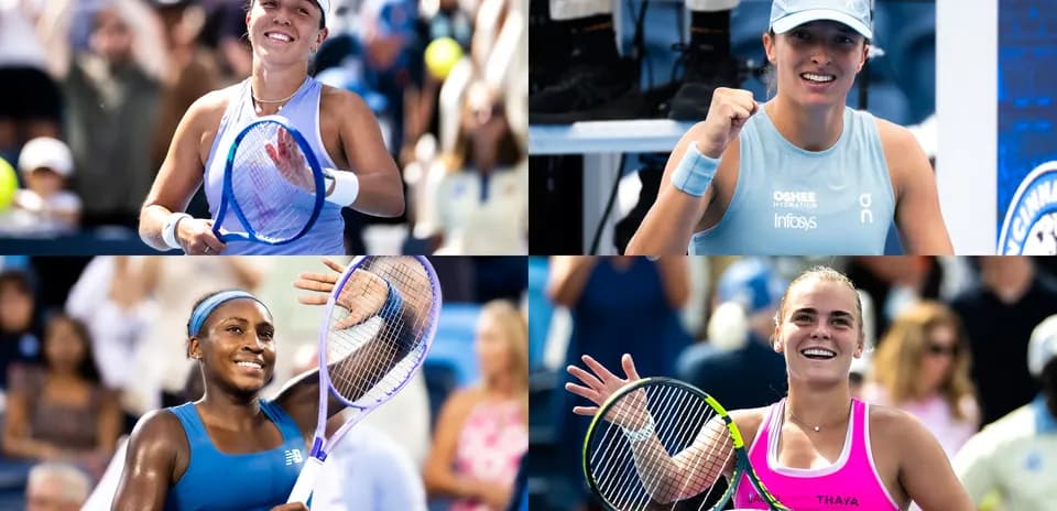 Four female tennis players celebrating after matches