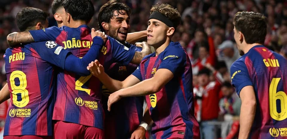 Barcelona players celebrating a goal together