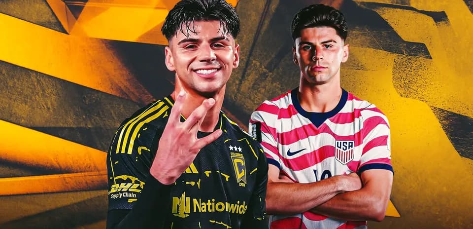 Duo posing in soccer kits with vibrant background