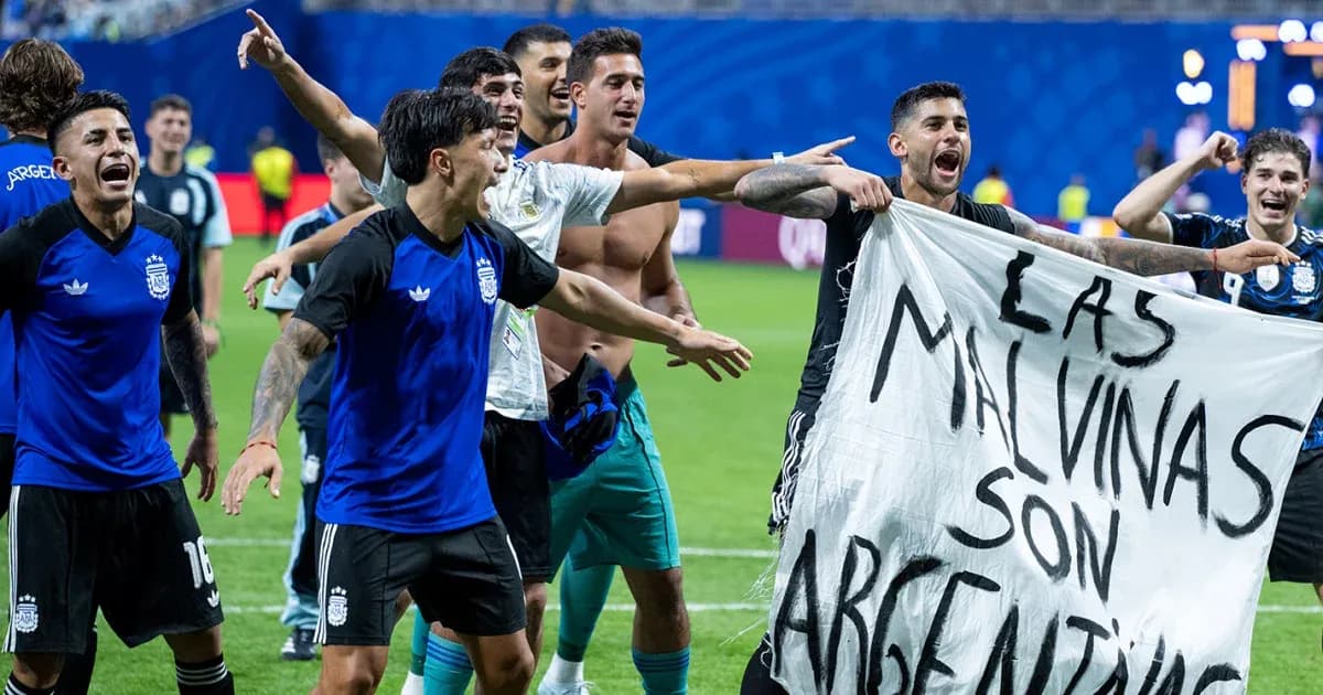 Argentinian players celebrating with banner after match Argentinian players celebrating with banner after match