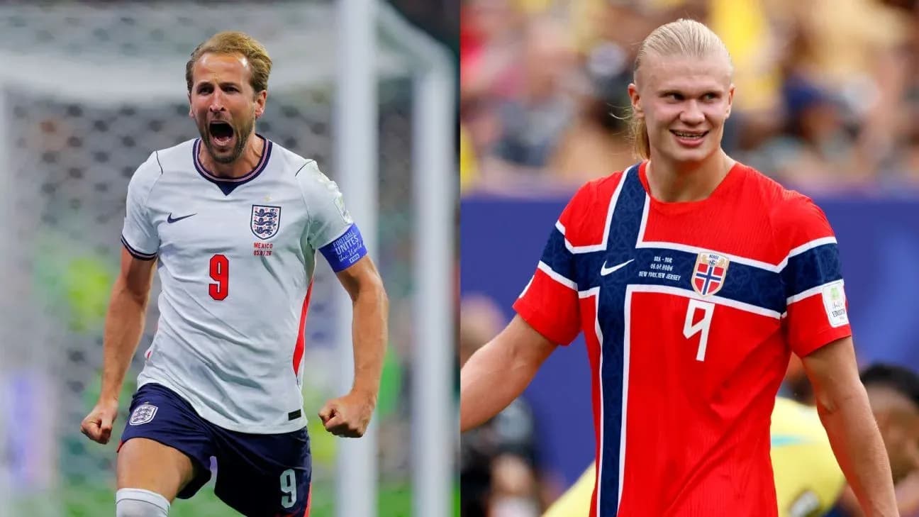 Harry Kane and Erling Haaland in national team jerseys Harry Kane and Erling Haaland in national team jerseys