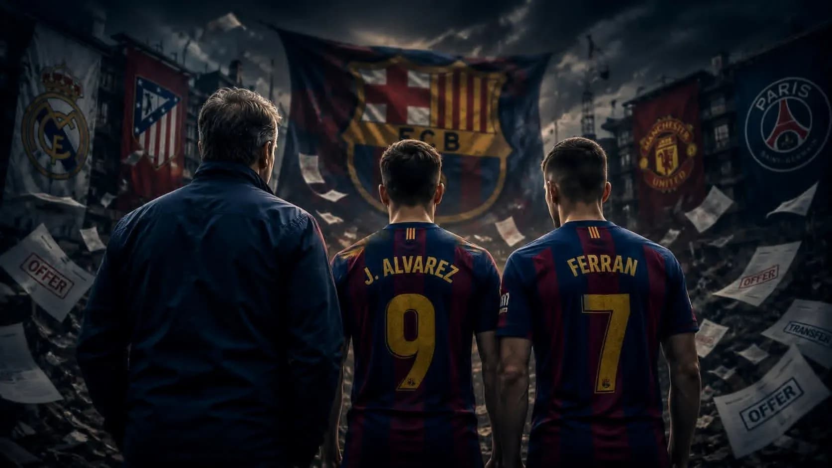 Barcelona players J. Alvarez and Ferran facing banners Barcelona players J. Alvarez and Ferran facing banners