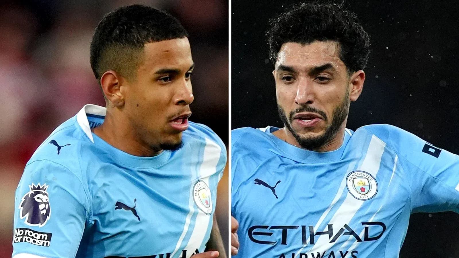 Ikkita futbolchi Manchester City formasida yugurmoqda Ikkita futbolchi Manchester City formasida yugurmoqda