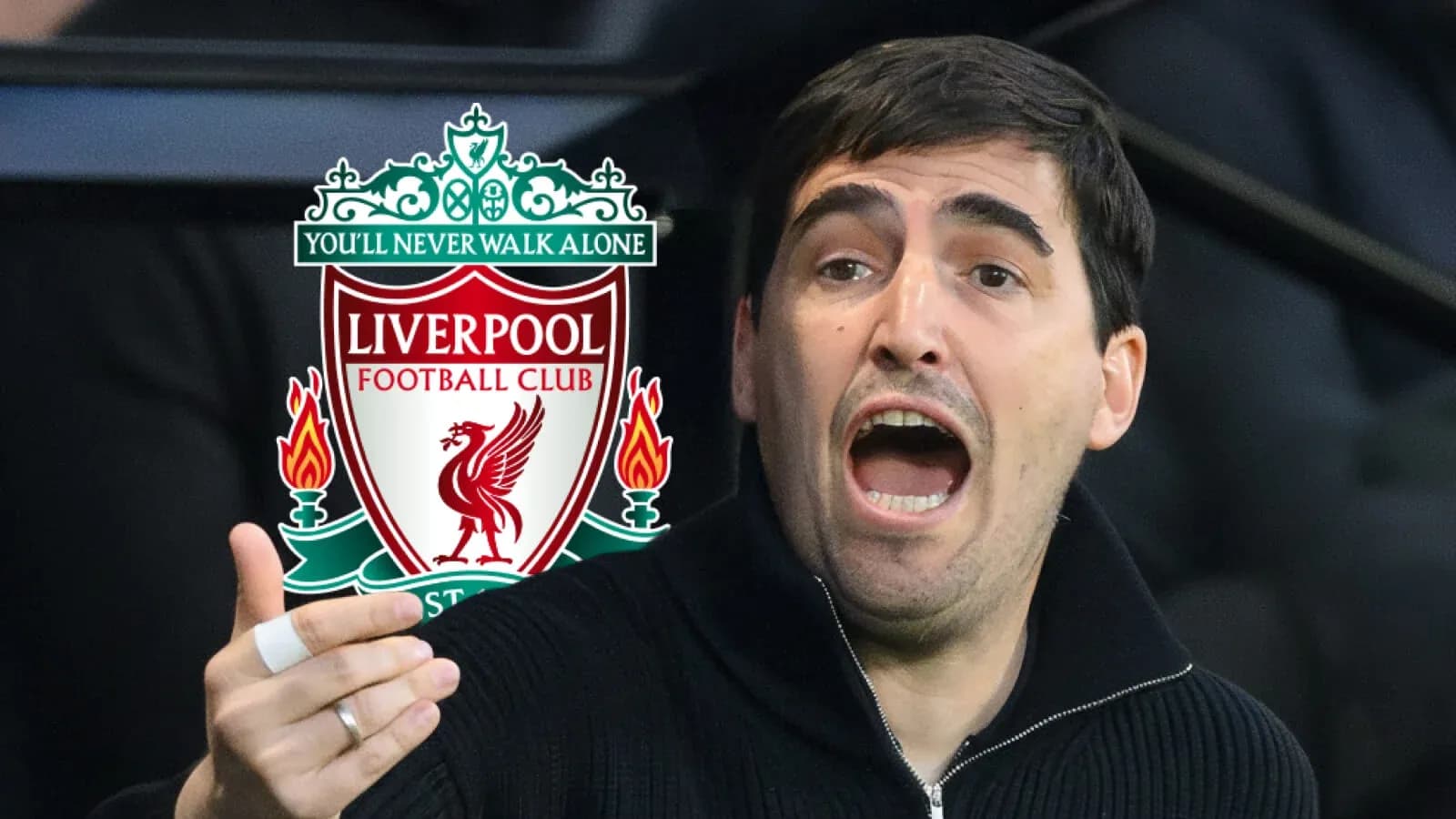 Man gesturing passionately near Liverpool FC logo Man gesturing passionately near Liverpool FC logo