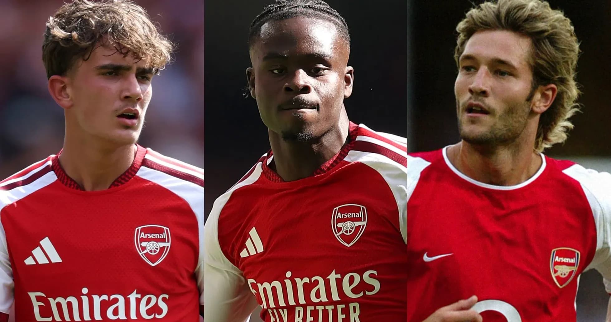 Three Arsenal players in red jerseys on field Three Arsenal players in red jerseys on field