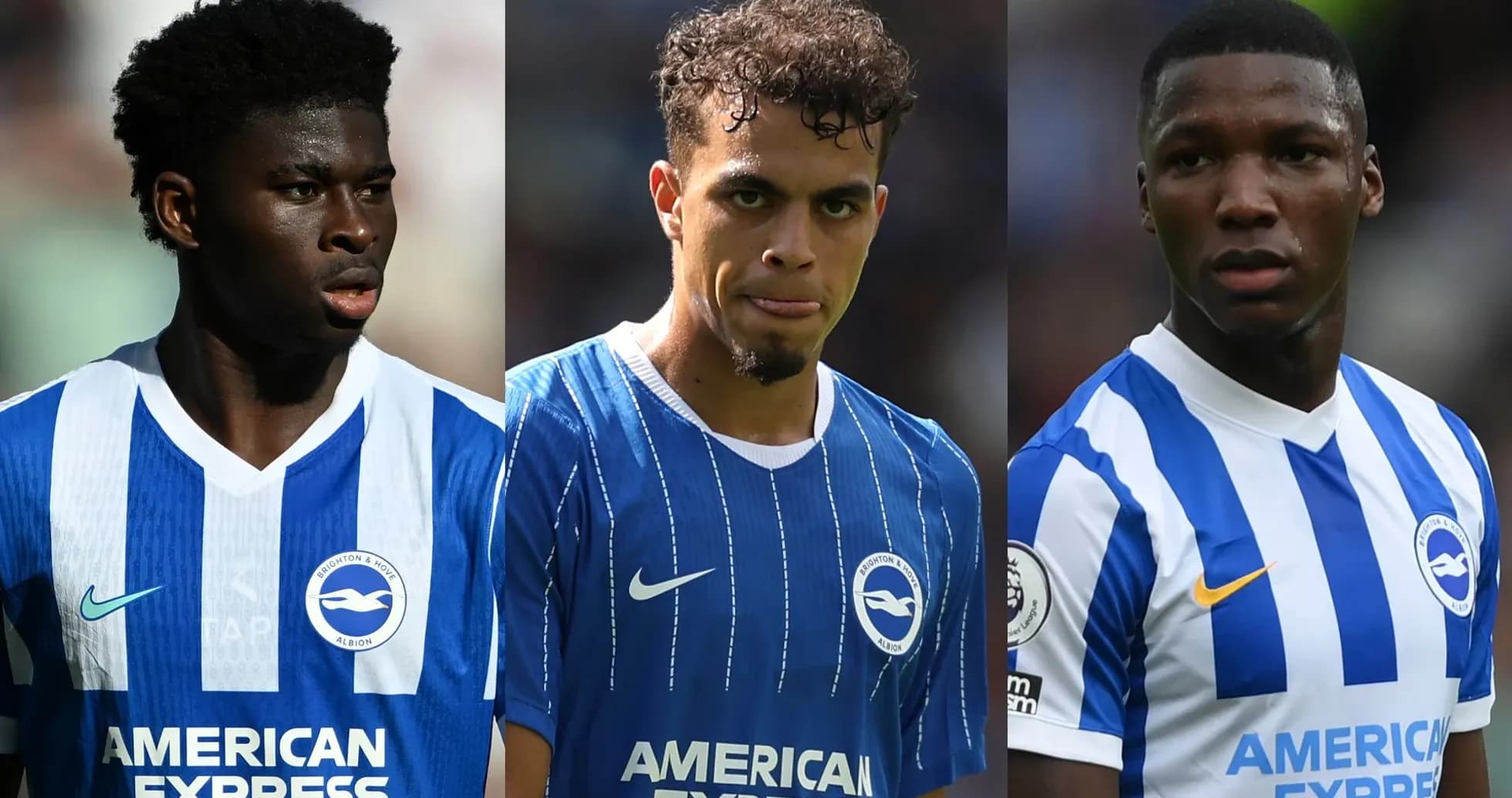 Three Brighton players in team jerseys on pitch Three Brighton players in team jerseys on pitch