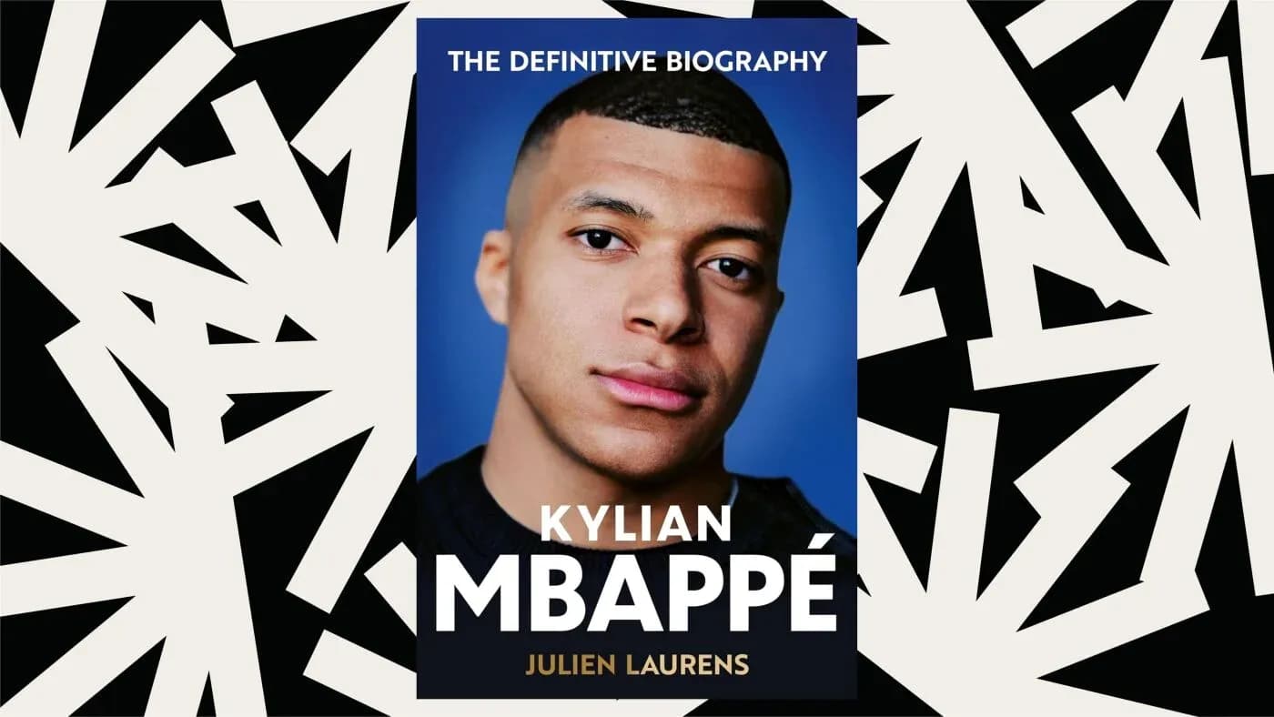 Kylian Mbappé biography cover with abstract background Kylian Mbappé biography cover with abstract background