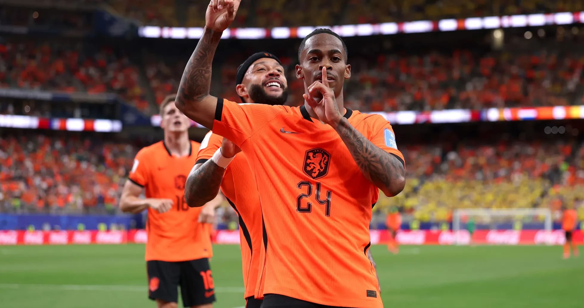 Holland players celebrating a goal during match Holland players celebrating a goal during match
