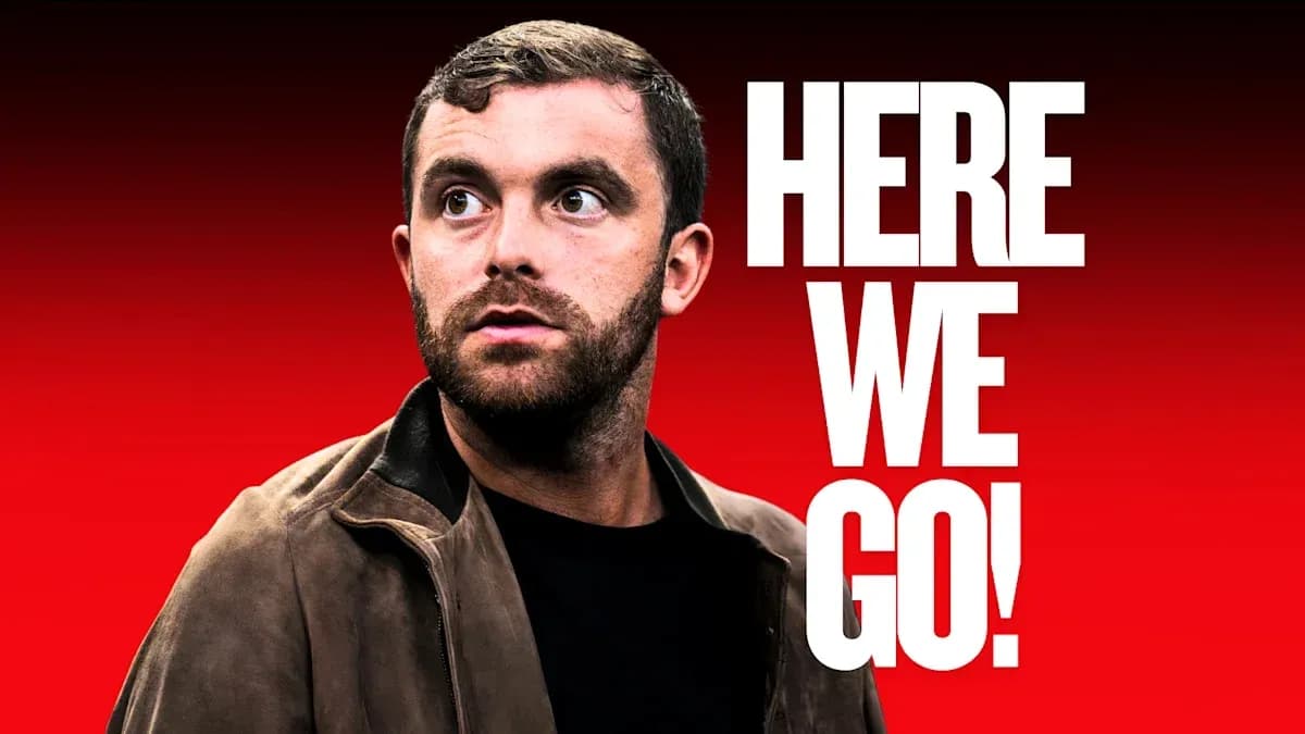 Man looking to the side with bold text behind Man looking to the side with bold text behind
