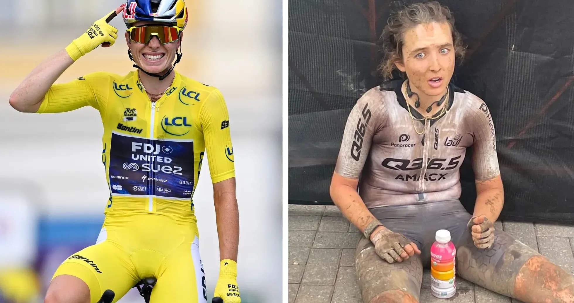 Yuqorida sariq forma kiygan velosipedchi, pastda loyga botgan sportchi Yuqorida sariq forma kiygan velosipedchi, pastda loyga botgan sportchi