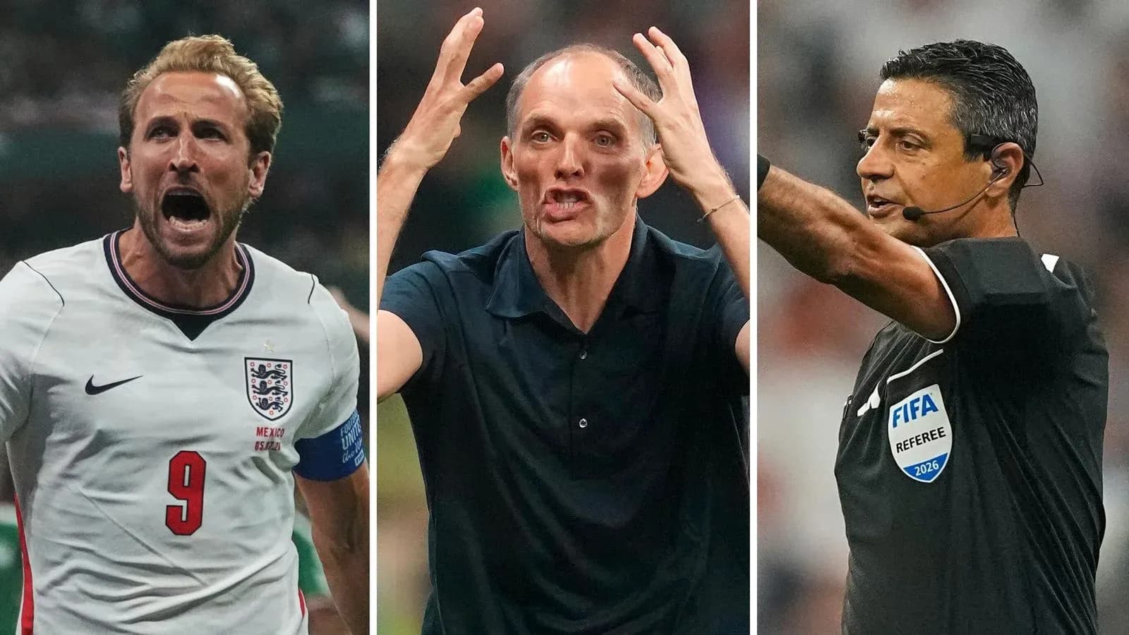 Harry Kane, Thomas Tuchel, and referee during match Harry Kane, Thomas Tuchel, and referee during match