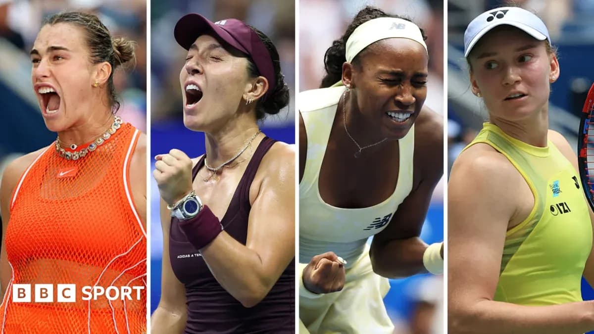 Four female tennis players celebrating on court Four female tennis players celebrating on court