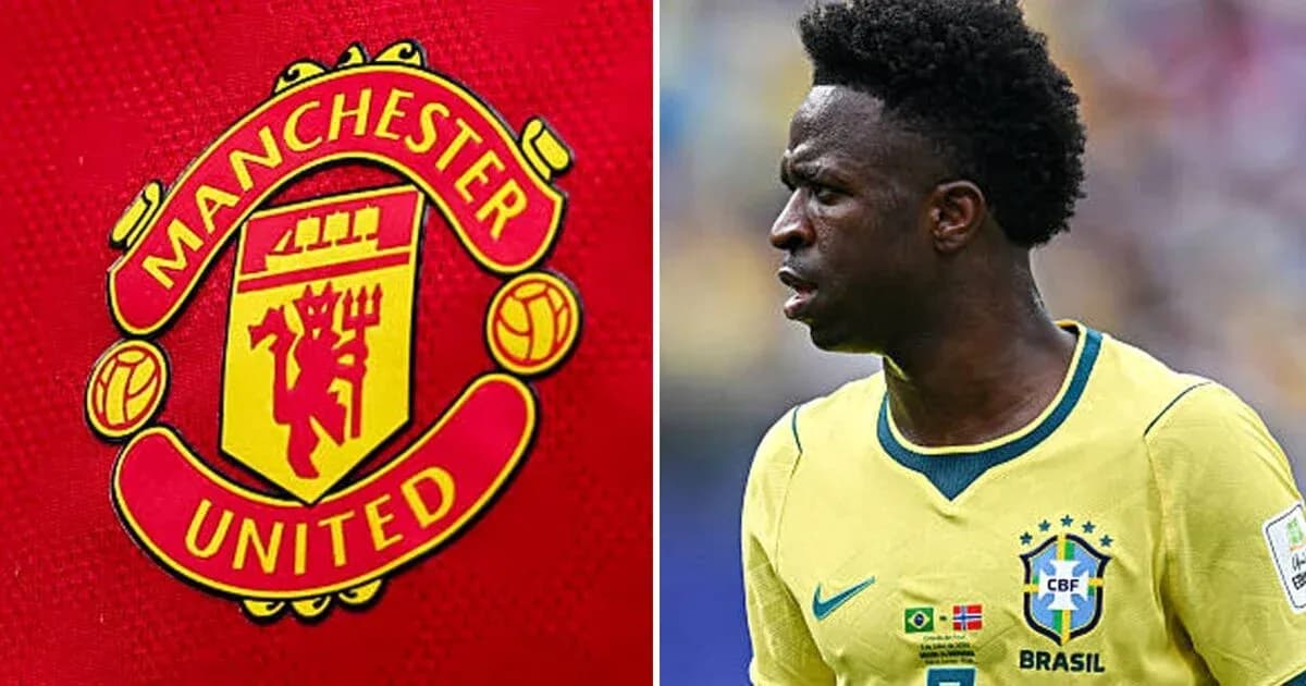 Manchester United logo and Vinícius Júnior on field Manchester United logo and Vinícius Júnior on field