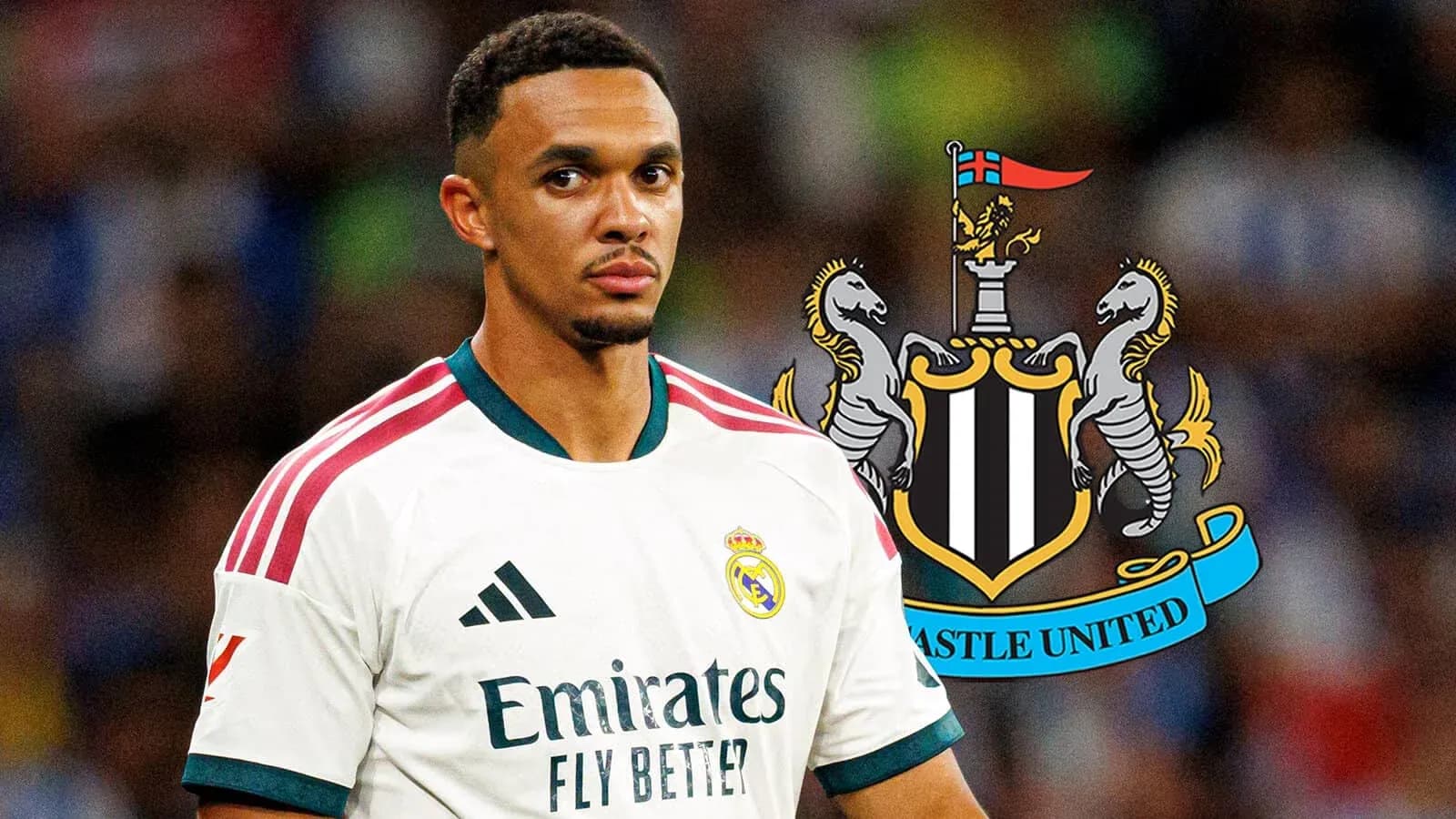 Futbolchi Real Madrid formasida, Newcastle United logosi orqasida Futbolchi Real Madrid formasida, Newcastle United logosi orqasida