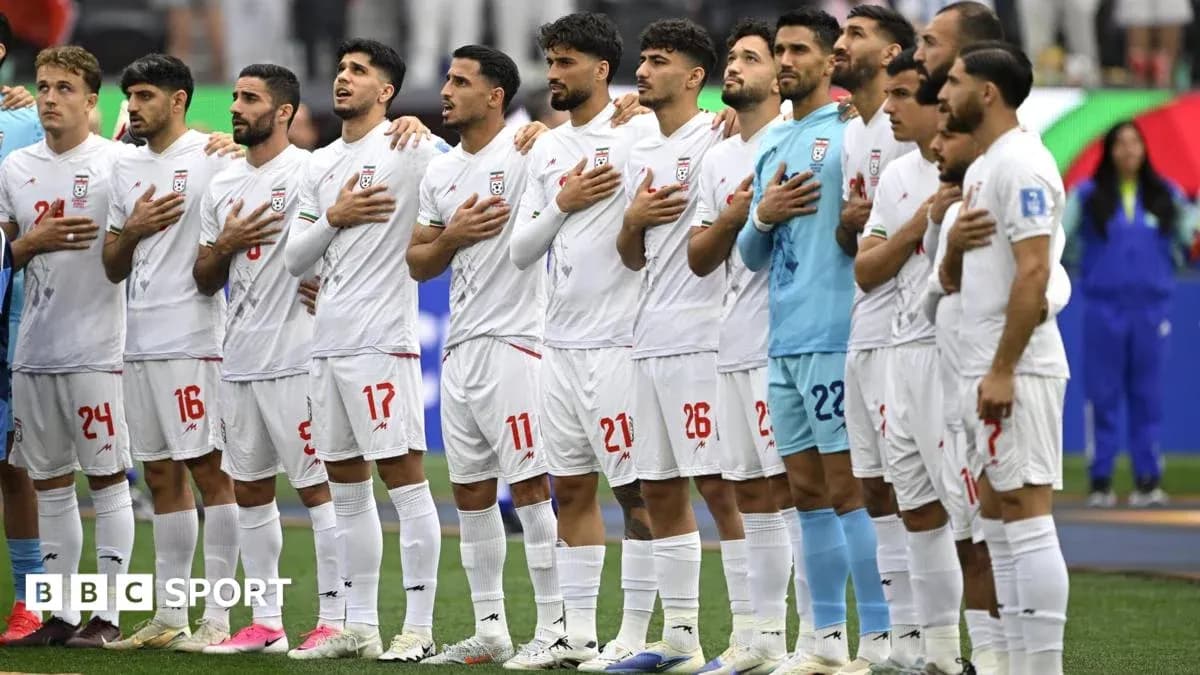 Iran national football team singing national anthem before match Iran national football team singing national anthem before match