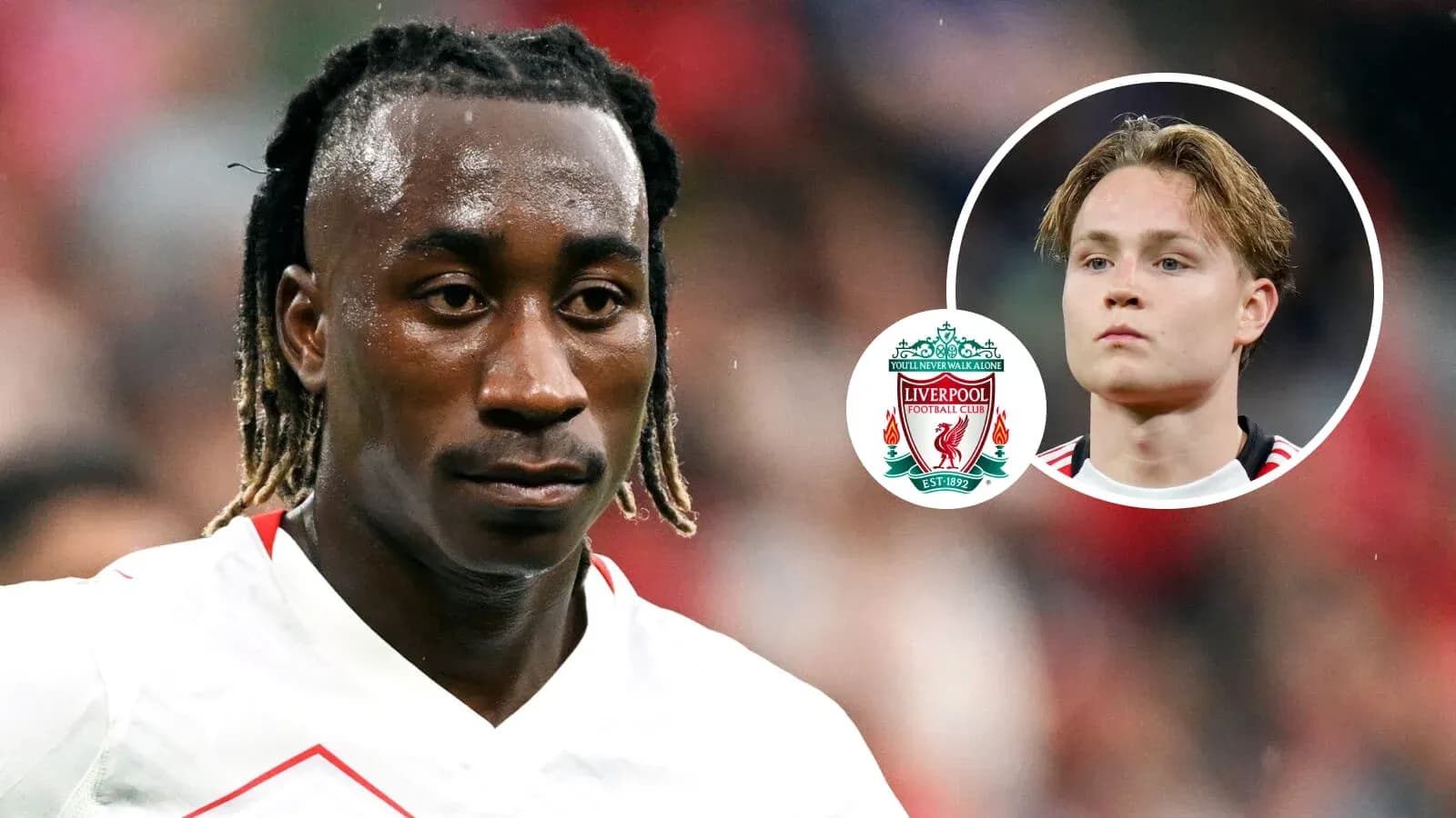 Futbolchi maydonda, Liverpool logotipi va boshqa futbolchi Futbolchi maydonda, Liverpool logotipi va boshqa futbolchi