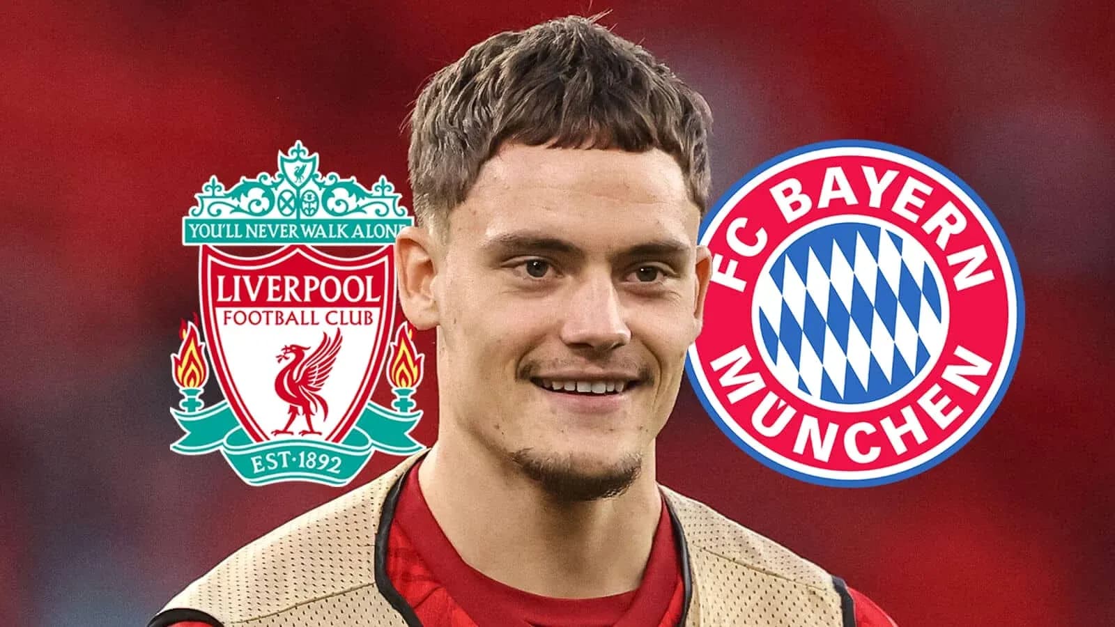 Futbolchi Liverpool va Bayern logotiplari bilan Futbolchi Liverpool va Bayern logotiplari bilan