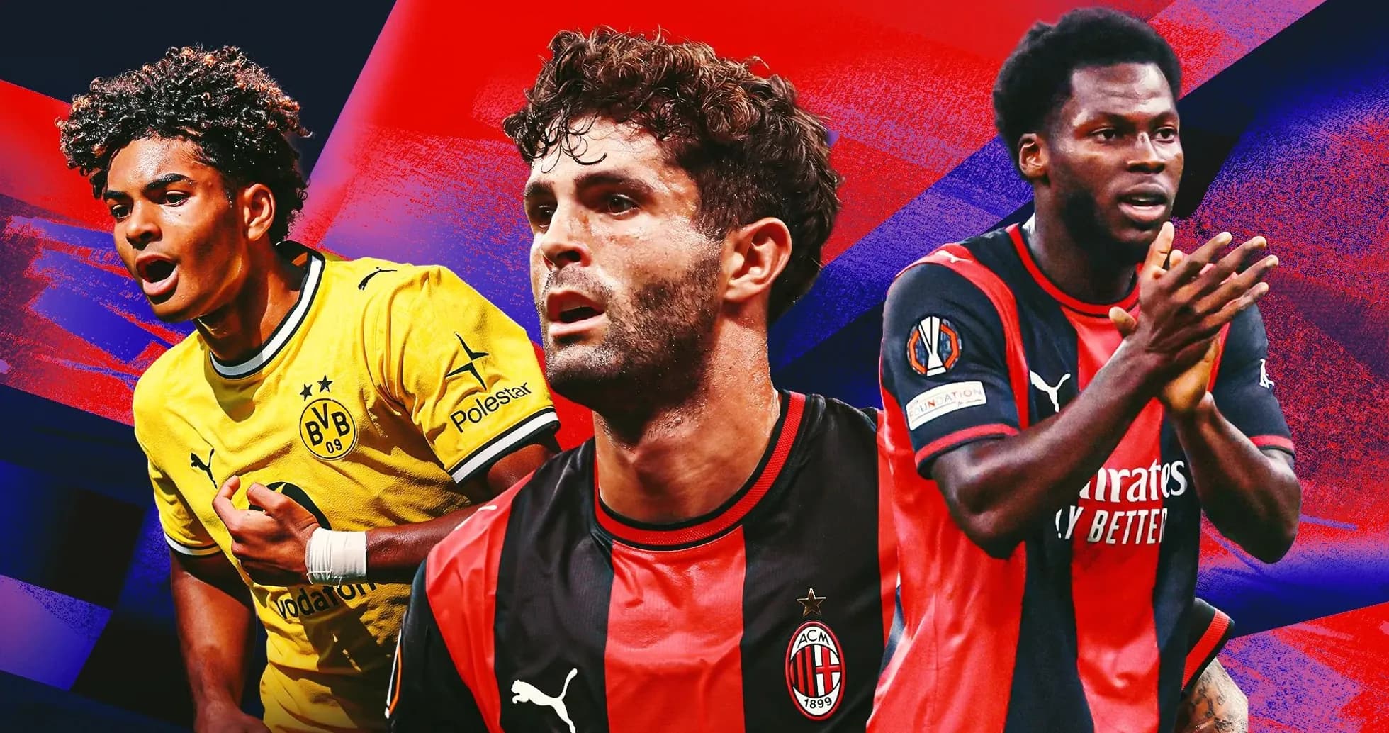 Three football players from different teams posing together Three football players from different teams posing together