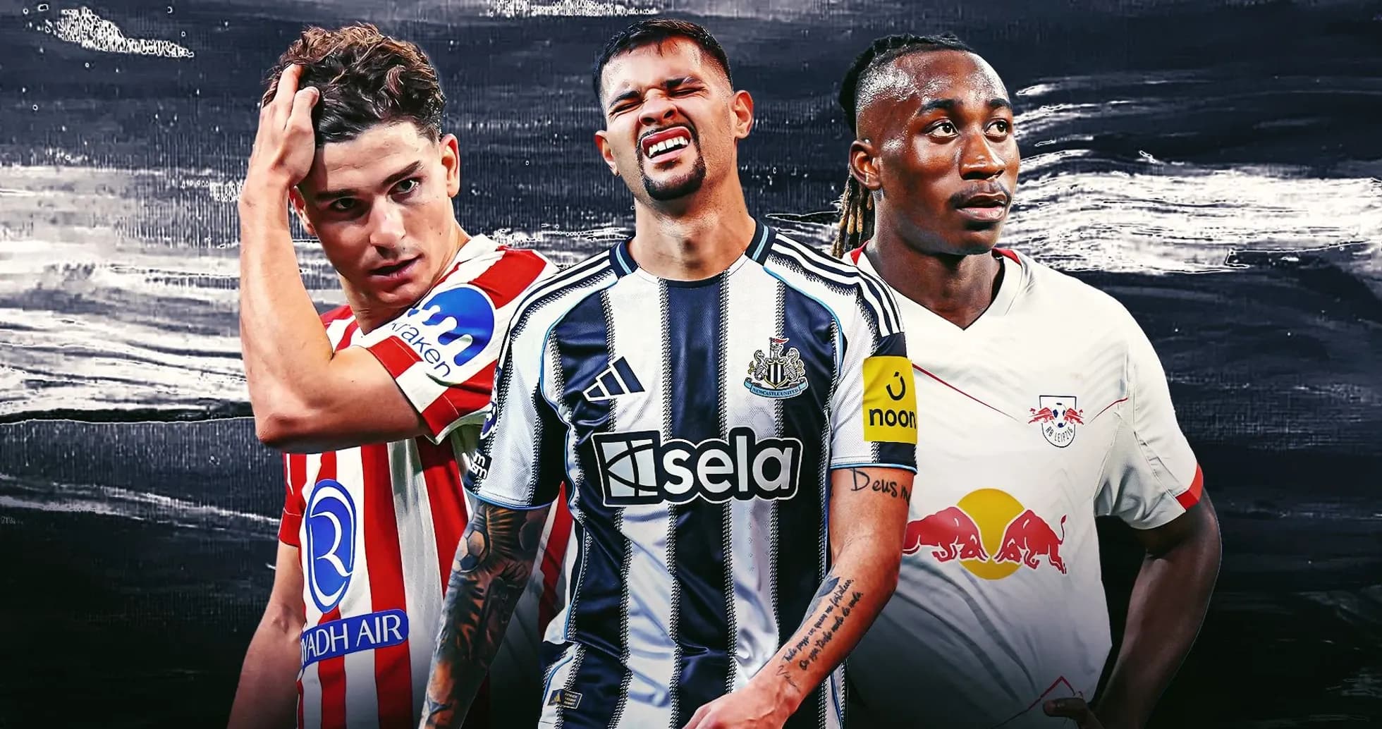 Three football players in club jerseys posing together Three football players in club jerseys posing together