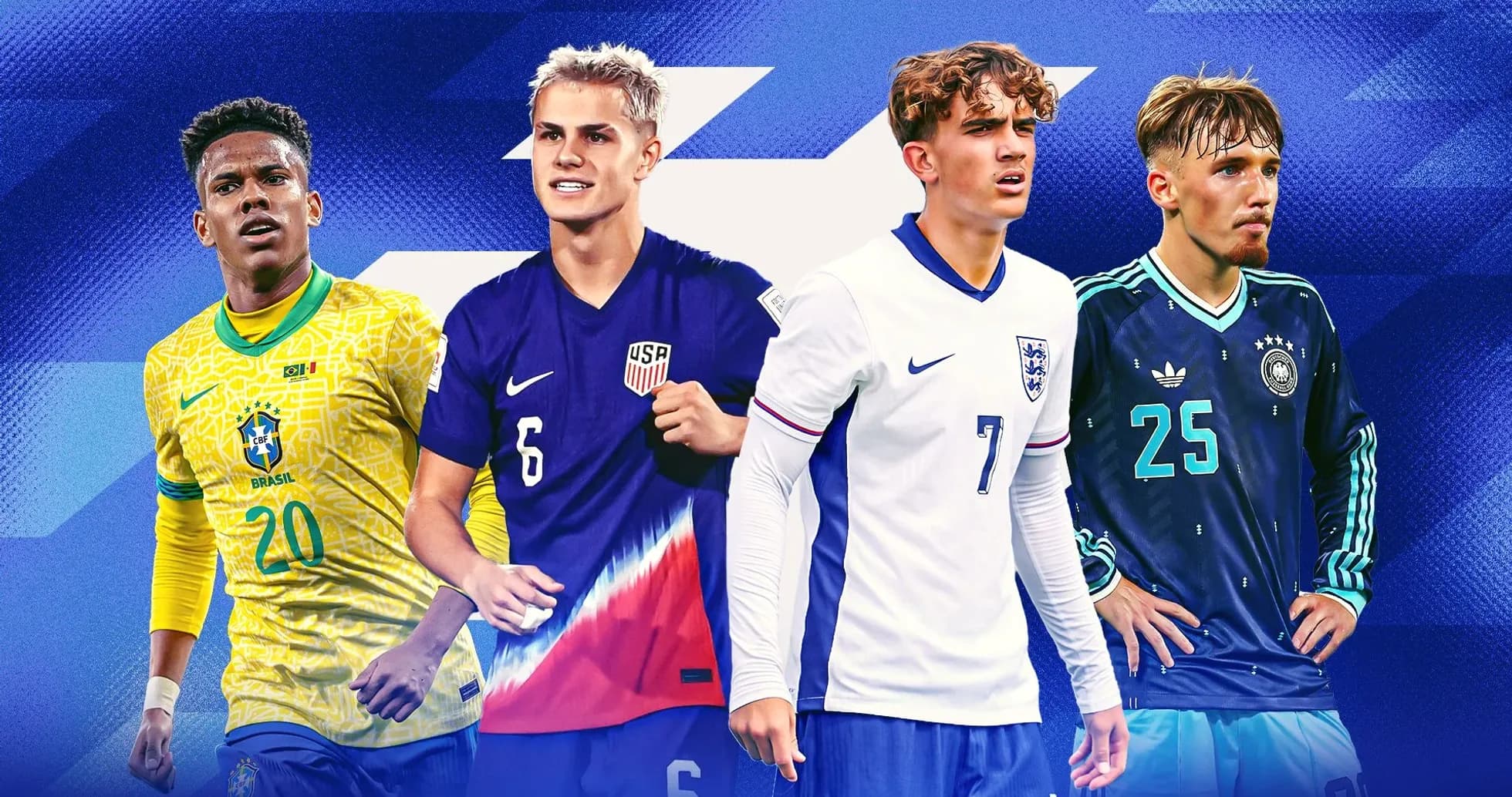 Four young soccer players in national team kits Four young soccer players in national team kits
