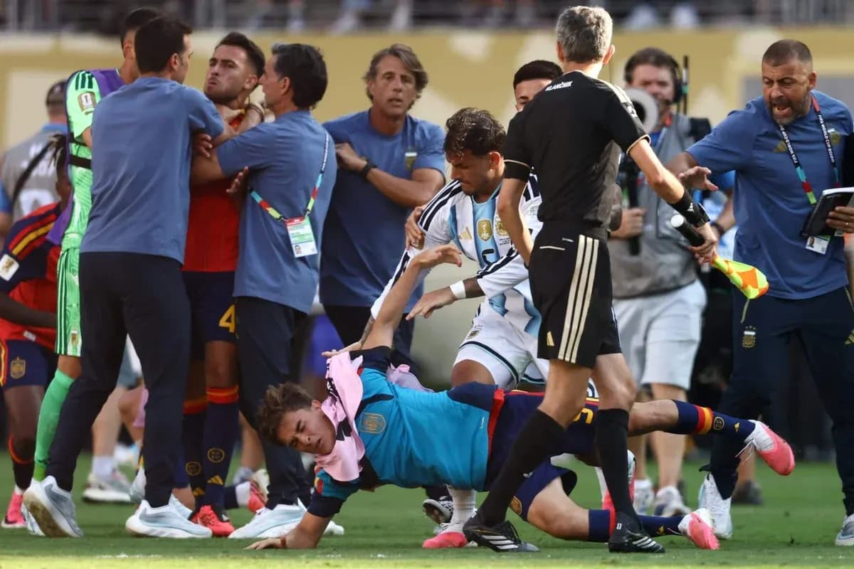 Players and staff involved in a scuffle on the field Players and staff involved in a scuffle on the field