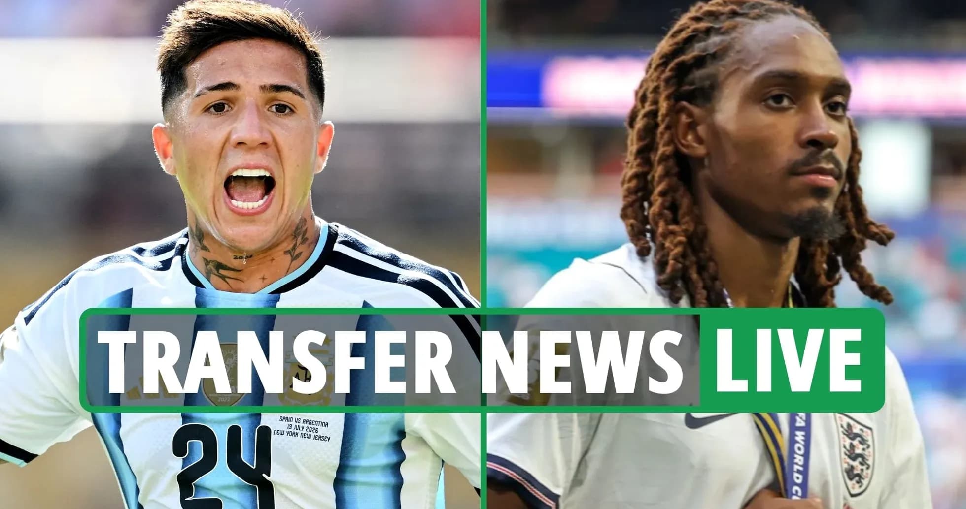 Two football players with transfer news banner Two football players with transfer news banner