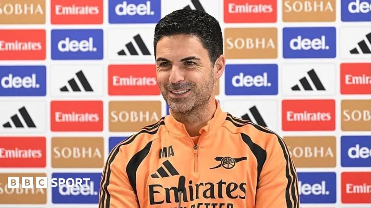 Mikel Arteta at press conference with sponsor backdrop Mikel Arteta at press conference with sponsor backdrop