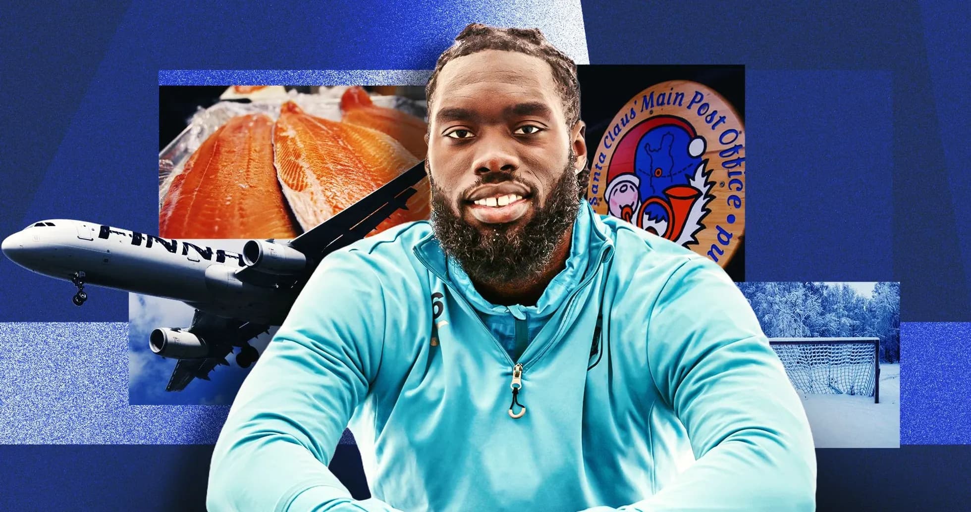 Athlete posing with various images in background Athlete posing with various images in background