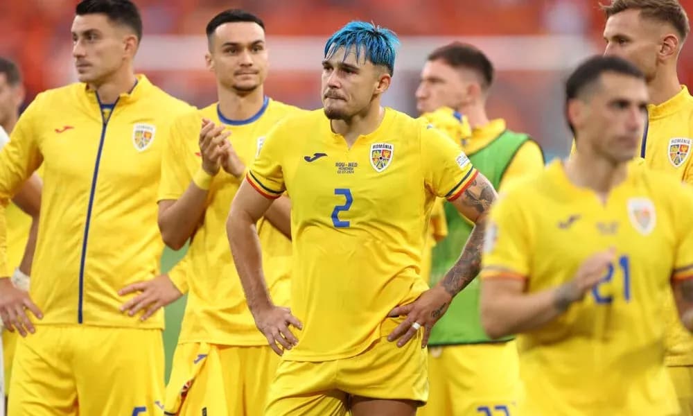 Romania team in yellow jerseys after match Romania team in yellow jerseys after match