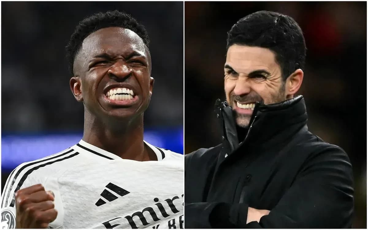 Vinicius Jr. celebrating, Mikel Arteta reacting on sidelines Vinicius Jr. celebrating, Mikel Arteta reacting on sidelines