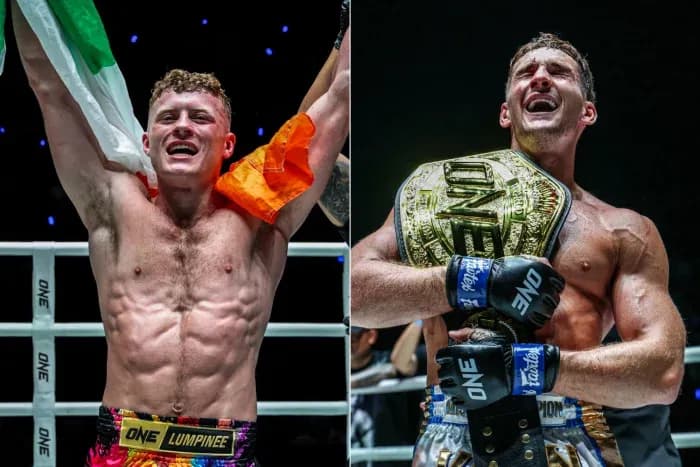 Two fighters celebrating victories in the ring Two fighters celebrating victories in the ring