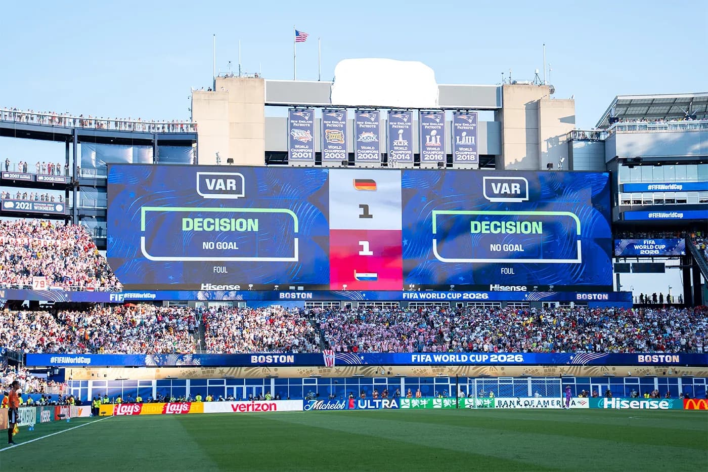 VAR screen showing no goal decision during match VAR screen showing no goal decision during match
