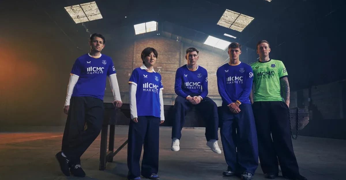 Everton players wearing new kit in studio Everton players wearing new kit in studio