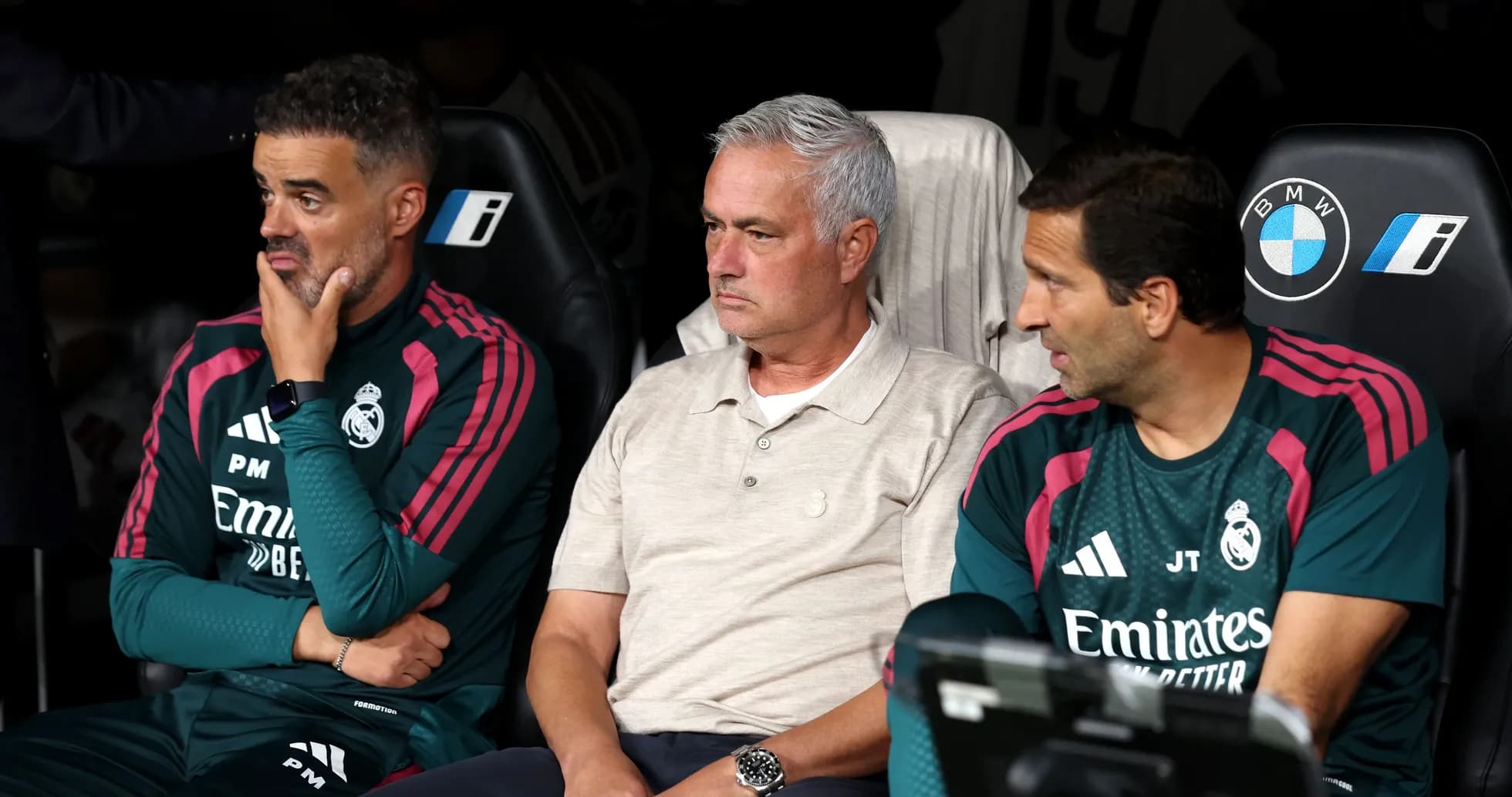 Real Madrid coaching staff on the bench during match Real Madrid coaching staff on the bench during match