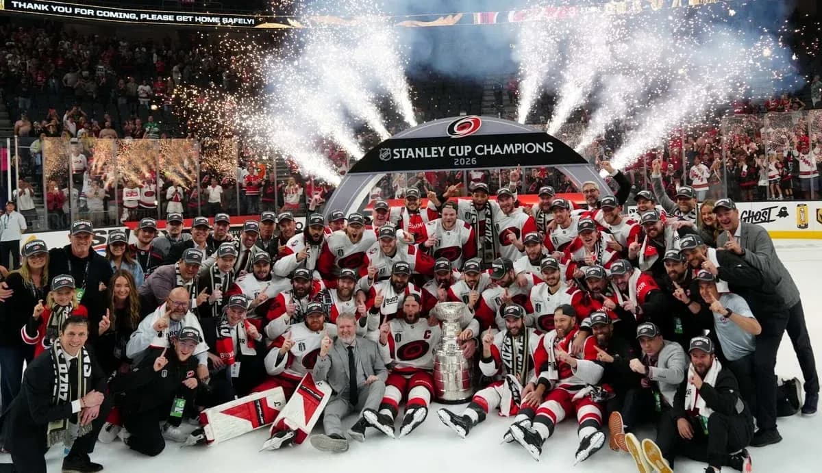 Carolina Hurricanes celebrate Stanley Cup victory with trophy Carolina Hurricanes celebrate Stanley Cup victory with trophy