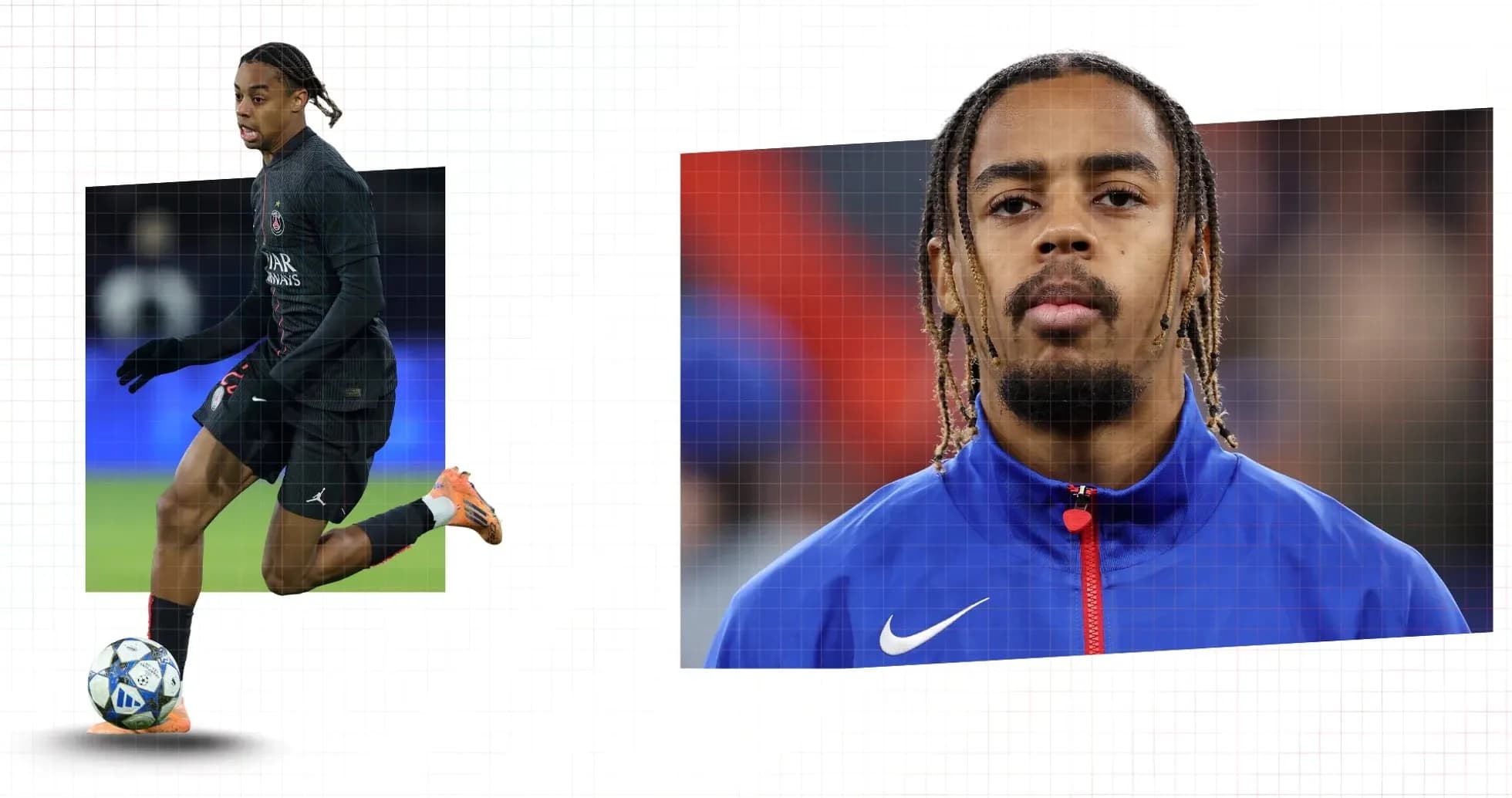 Futbolchi to'p bilan harakatda va portret Futbolchi to'p bilan harakatda va portret
