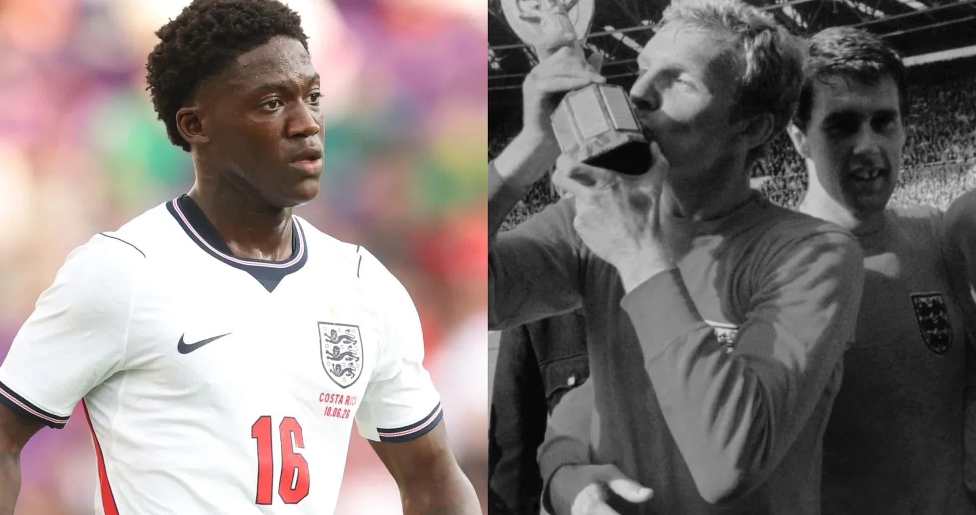 Young player in England kit next to trophy celebration Young player in England kit next to trophy celebration