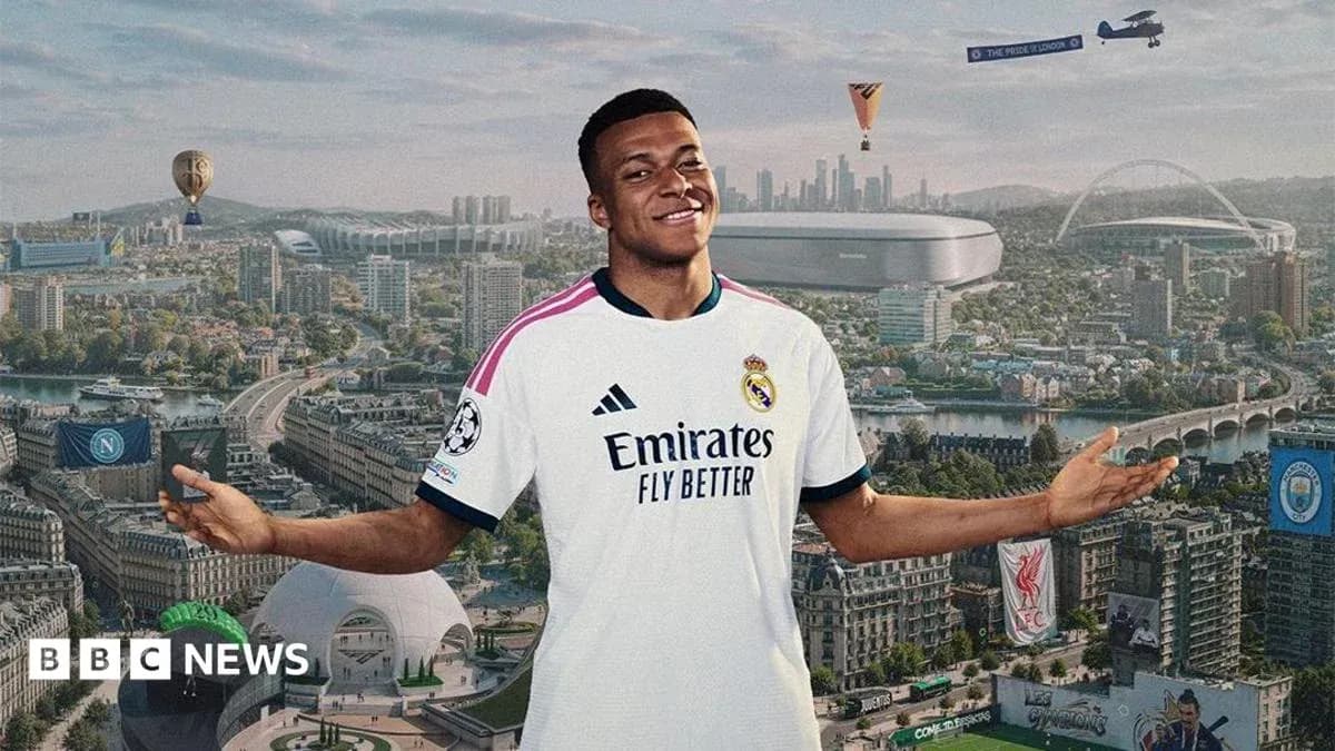 Futbolchi Kylian Mbappe Real Madrid formasida tasvirlangan Futbolchi Kylian Mbappe Real Madrid formasida tasvirlangan