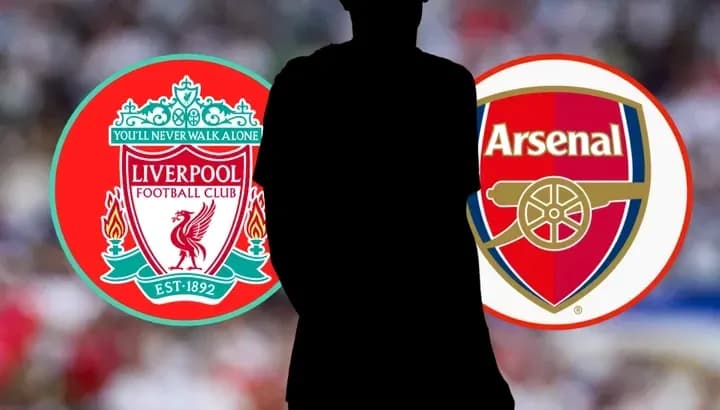 Liverpool and Arsenal logos with silhouette of player Liverpool and Arsenal logos with silhouette of player