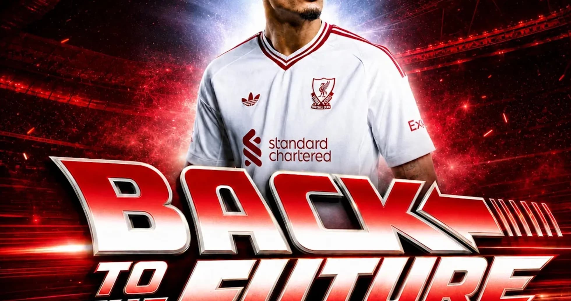 Futbolchi Liverpool formasida, 'Back to the Future' logotipi Futbolchi Liverpool formasida, 'Back to the Future' logotipi