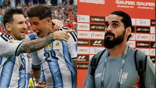 Argentina players celebrating goal; player in interview setting Argentina players celebrating goal; player in interview setting